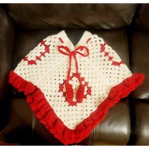 Vtg Crocheted Red White Girls Poncho Shawl Handmade Pom Poms Frill Christmas